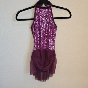​NWT Double Platinum Sequin Halter Dance Leotard with Mesh Skirt - Wine - MC